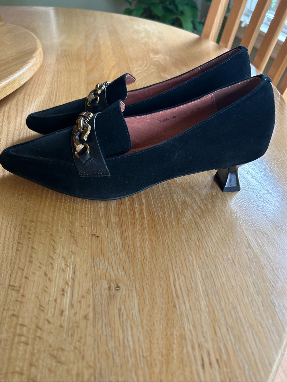 Black Suede Spool Shape Kitten Heels with Horse-bit Details